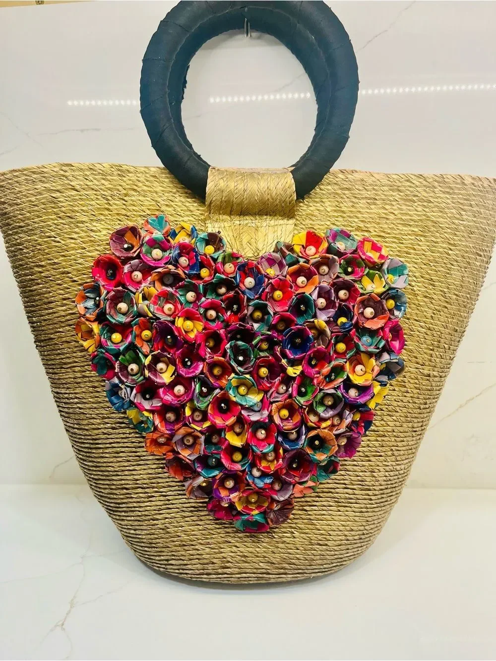 Floral Heart Straw Tote Bag | Handmade Statement Beach Market Bag